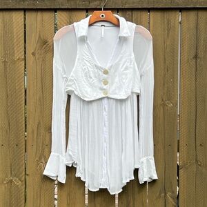Free People Sheer White Layered Blouse With Bell Cuffs and Mini Vest Women’s XS